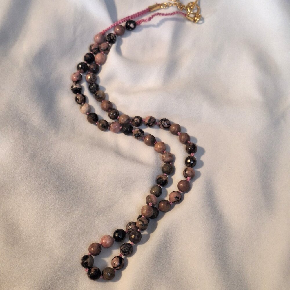 Vintage Faceted Pink Rhodonite Stone Bead Long Necklace